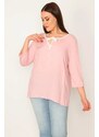 Şans Women's Plus Size Pink Kiss Collar Tapered Capri Sleeve Blouse