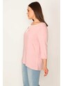 Şans Women's Plus Size Pink Kiss Collar Tapered Capri Sleeve Blouse