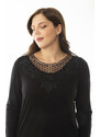 Şans Women's Plus Size Black Blouse with Lace Detail and Long Sleeves