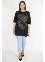 Şans Women's Plus Size Black Jewelled and Pearl Embroidered Bicycle Collar Side Slit Blouse