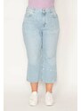 Şans Women's Large Size Blue Ripped Detailed Washed Effect 5 Pocket Jeans