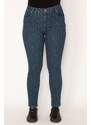 Şans Women's Plus Size Navy Blue Camouflage Patterned Lycra 5-Pocket Jeans Trousers