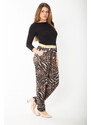 Şans Women's Plus Size Leo Waist Metallic Elastic Leopard Patterned Jersey Trousers