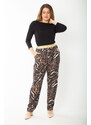 Şans Women's Plus Size Leo Waist Metallic Elastic Leopard Patterned Jersey Trousers