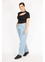 Şans Women's Blue Large Size Washing Effect High Waist Front Button Jeans
