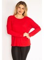 Şans Women's Plus Size Red Crewneck Striped Blouse
