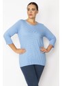 Şans Women's Plus Size Blue Slim Striped Blouse with Elastic Detail Capri Sleeves at the Hem