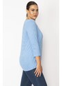 Şans Women's Plus Size Blue Slim Striped Blouse with Elastic Detail Capri Sleeves at the Hem