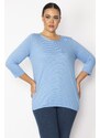 Şans Women's Plus Size Blue Slim Striped Blouse with Elastic Detail Capri Sleeves at the Hem
