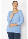 Şans Women's Plus Size Blue Slim Striped Blouse with Elastic Detail Capri Sleeves at the Hem