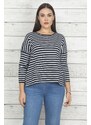 Şans Women's Plus Size Navy Blue Striped Detailed Blouse