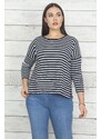 Şans Women's Plus Size Navy Blue Striped Detailed Blouse