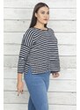 Şans Women's Plus Size Navy Blue Striped Detailed Blouse