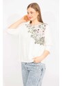 Şans Women's Bone Plus Size Cotton Fabric Front Printed Blouse