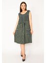 Şans Women's Khaki Plus Size Stripe Combined Pocket Dress