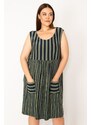 Şans Women's Khaki Plus Size Stripe Combined Pocket Dress