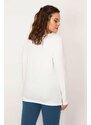 Şans Women's Plus Size White Cotton Fabric Crewneck Long Sleeve Blouse