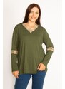 Şans Women's Plus Size Khaki Lace Detailed Blouse