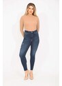 Şans Women's Plus Size Navy Blue High Waist Ripped Detailed Skinny Jeans