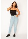 Şans Women's Plus Size Blue Lycra Jeans with Cup Detail on the Front and Elasticated Side Belt