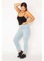 Şans Women's Plus Size Blue Lycra Jeans with Cup Detail on the Front and Elasticated Side Belt