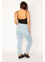 Şans Women's Plus Size Blue Lycra Jeans with Cup Detail on the Front and Elasticated Side Belt