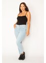 Şans Women's Plus Size Blue Lycra Jeans with Cup Detail on the Front and Elasticated Side Belt