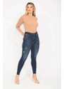 Şans Women's Plus Size Navy Blue High Waist Ripped Detailed Skinny Jeans