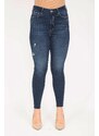 Şans Women's Plus Size Navy Blue High Waist Ripped Detailed Skinny Jeans