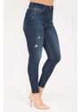 Şans Women's Plus Size Navy Blue High Waist Ripped Detailed Skinny Jeans