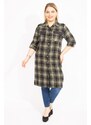 Şans Women's Plus Size Khaki Checkered Patterned Tunic Dress with Front Buttons and Faux Leather with Garnish