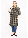 Şans Women's Plus Size Khaki Checkered Patterned Tunic Dress with Front Buttons and Faux Leather with Garnish