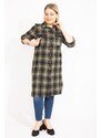 Şans Women's Plus Size Khaki Checkered Patterned Tunic Dress with Front Buttons and Faux Leather with Garnish