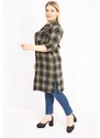 Şans Women's Plus Size Khaki Checkered Patterned Tunic Dress with Front Buttons and Faux Leather with Garnish