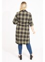 Şans Women's Plus Size Khaki Checkered Patterned Tunic Dress with Front Buttons and Faux Leather with Garnish