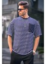 Madmext Men's Navy Blue Striped Basic T-Shirt 6084