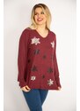 Şans Women's Plus Size Claret Red Sequin Detail Viscose Wool V-Neck Blouse