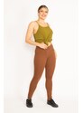 Şans Women's Large Size Tan Leggings with Front Decoration and Back Pockets