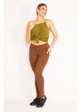 Şans Women's Large Size Tan Leggings with Front Decoration and Back Pockets