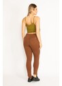 Şans Women's Large Size Tan Leggings with Front Decoration and Back Pockets