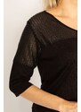 Şans Women's Plus Size Black Laser Cut Detailed Capri Sleeve Viscose Blouse