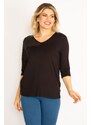 Şans Women's Plus Size Black Laser Cut Detailed Capri Sleeve Viscose Blouse