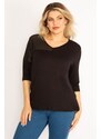 Şans Women's Plus Size Black Laser Cut Detailed Capri Sleeve Viscose Blouse