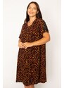 Şans Women's Plus Size Leopard Lace Detailed V-neck Leopard Pattern Dress