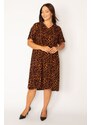 Şans Women's Plus Size Leopard Lace Detailed V-neck Leopard Pattern Dress