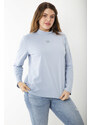 Şans Women's Plus Size Blue Cotton Fabric Zero Collar Stone Detailed Blouse