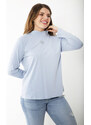 Şans Women's Plus Size Blue Cotton Fabric Zero Collar Stone Detailed Blouse
