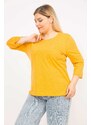 Şans Women's Yellow Plus Size Cotton Fabric Blouse with Ornamental Buttons and Capri Sleeves at the Back
