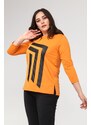 Şans Women's Plus Size Orange Front Leather Detailed Crew Neck Blouse