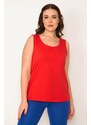 Şans Women's Plus Size Red Cotton Fabric Crew Neck Sleeveless Blouse